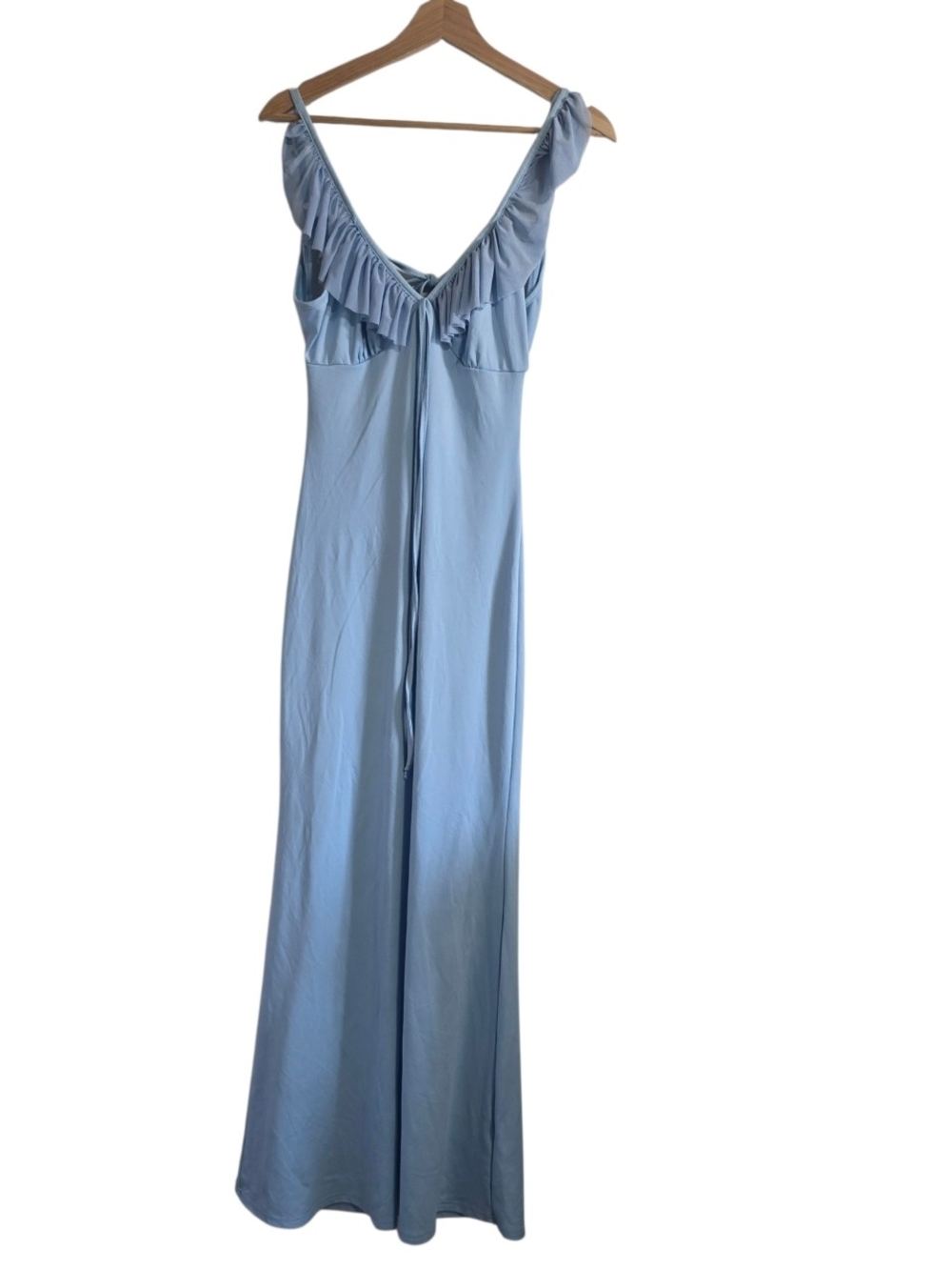 Women's Blue V-Neck Tie Front Ruffle Sleeveless Gown Size L Backless